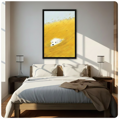 Framed white fluffy dog emerging from golden wheat field realistic oil painting above dark wooden bed in sunlit bedroom – pale blue sky yellow grass diagonal dog canvas wall art for bedroom decor