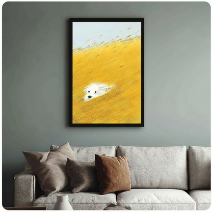 Framed white fluffy dog peeking through golden wheat field realistic oil painting above cream textured sofa on sage green wall – light blue sky yellow grass dog canvas wall art for living room decor
