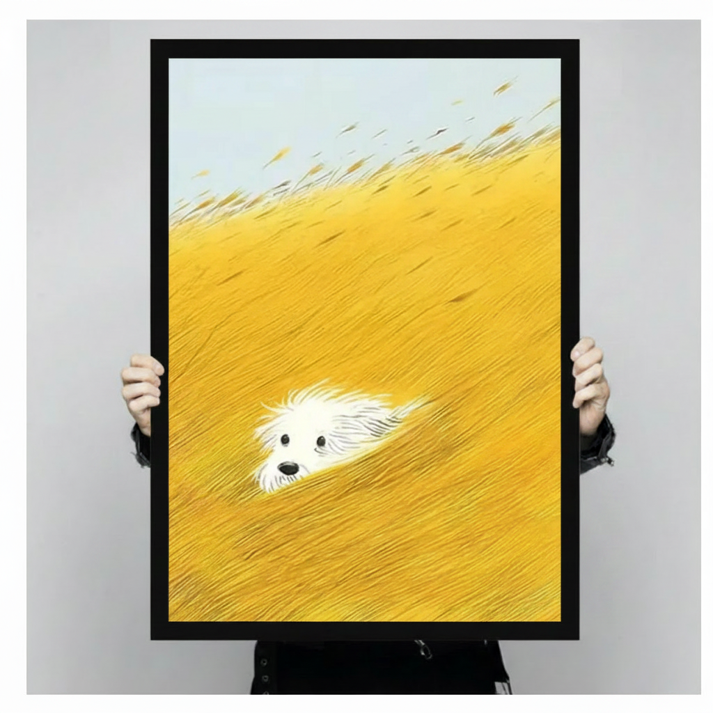 Person holding framed white fluffy dog peeking through golden wheat field realistic oil painting canvas – light blue sky yellow grass diagonal composition dog wall art size reference
