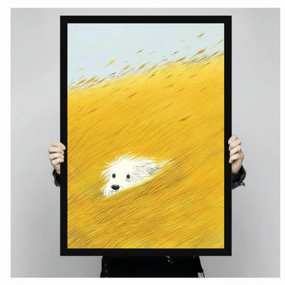 Person holding framed white fluffy dog peeking through golden wheat field realistic oil painting canvas – light blue sky yellow grass diagonal composition dog wall art size reference