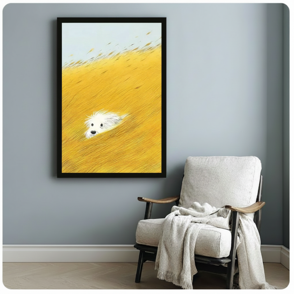 White fluffy dog looking up through golden wheat grass framed realistic oil painting beside white linen wood armchair on blue grey wall – pale blue sky diagonal field composition dog canvas art for reading corner