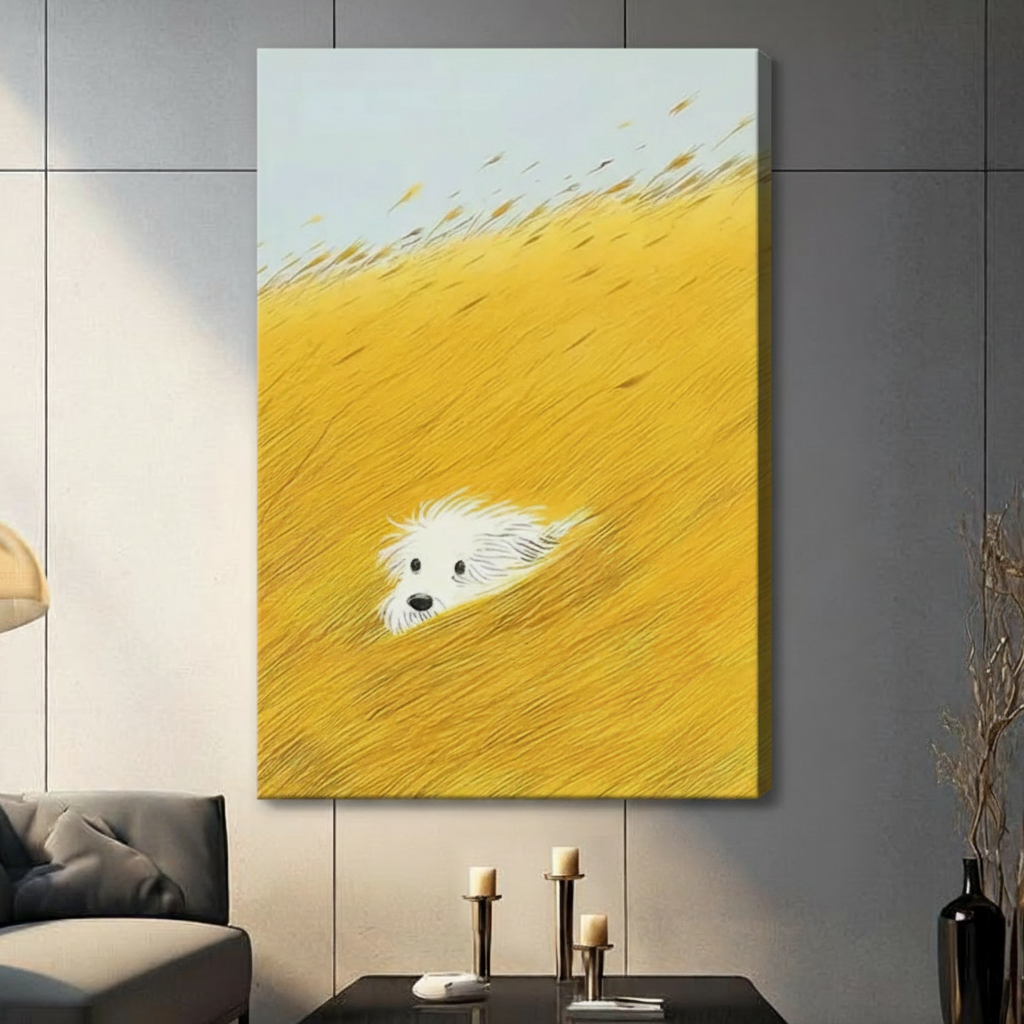 Frameless white fluffy dog emerging from golden wheat grass realistic oil painting on dark grey panel wall – pale blue sky diagonal golden field dog canvas print for contemporary living room