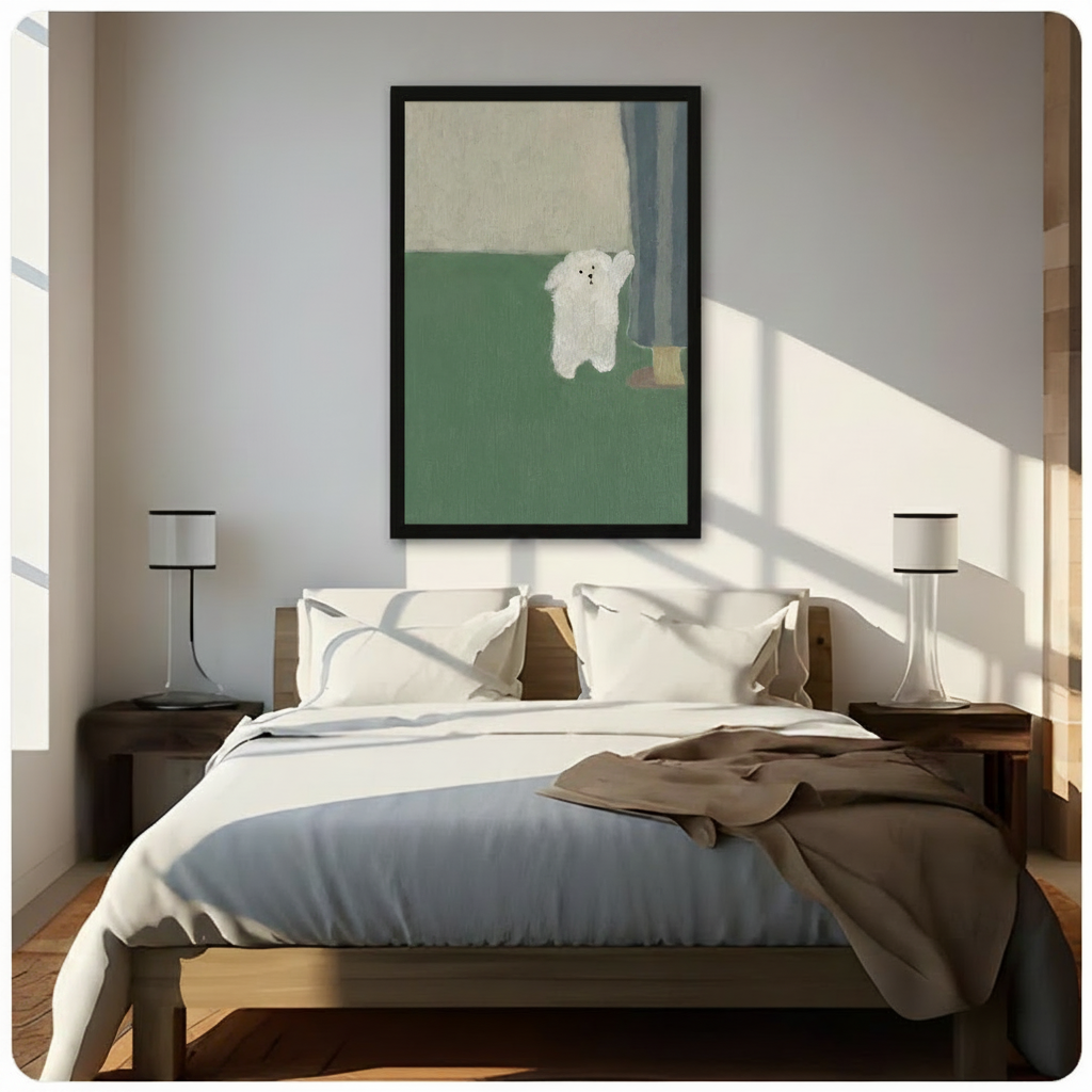 White fluffy dog waving paw framed canvas displayed above bed in sunlit neutral bedroom - minimalist sage green dog wall art for calm and cozy bedroom decor
