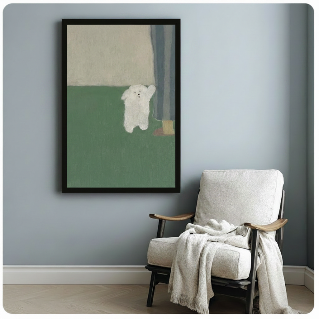 Framed minimalist white dog waving wall art beside wooden accent chair with linen throw - sage green color block dog canvas print for reading nook or bedroom