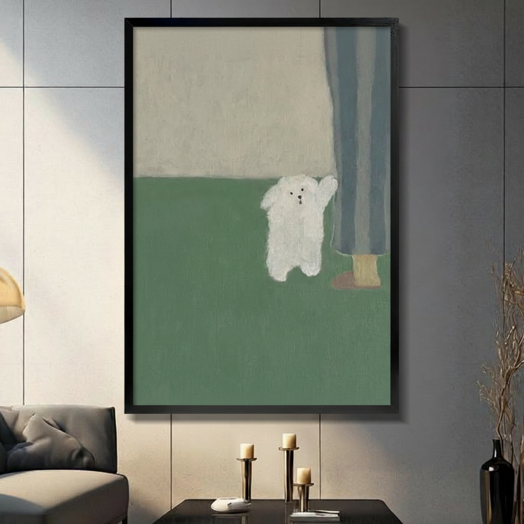 Minimalist white fluffy dog waving paw beside human legs framed wall art - sage green and beige color block canvas print for modern living room decor