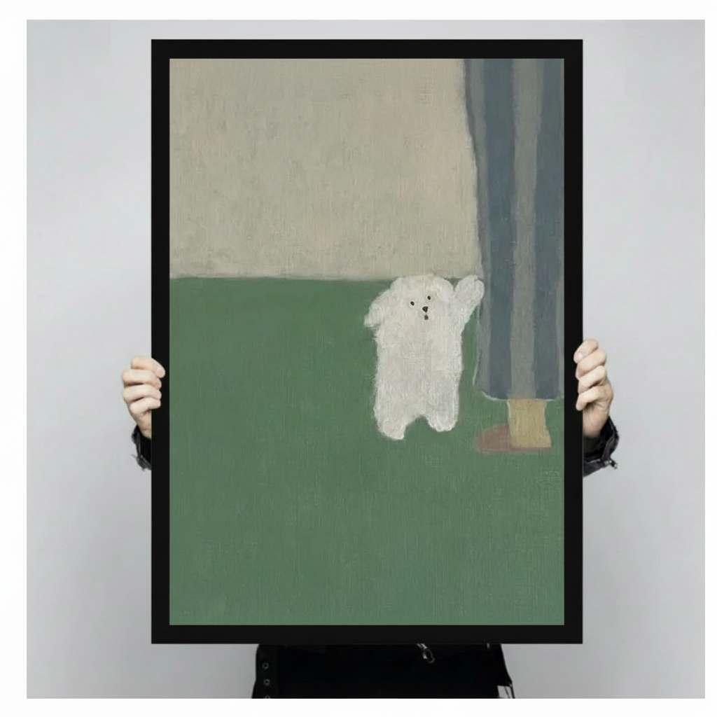 Hands holding large framed white fluffy dog waving canvas print - full artwork detail of minimalist dog beside human legs on sage green and beige color block background