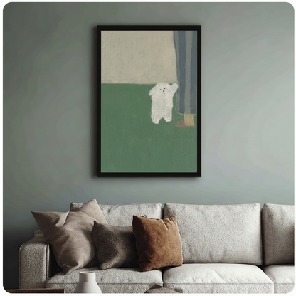 White fluffy dog waving paw framed art print above cream bouclé sofa on sage blue wall - cute minimalist dog canvas wall decor with green and beige palette