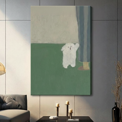 Unframed white fluffy dog waving canvas print with sage green color block background - minimalist dog wall art in muted green and cream tones for contemporary home decor