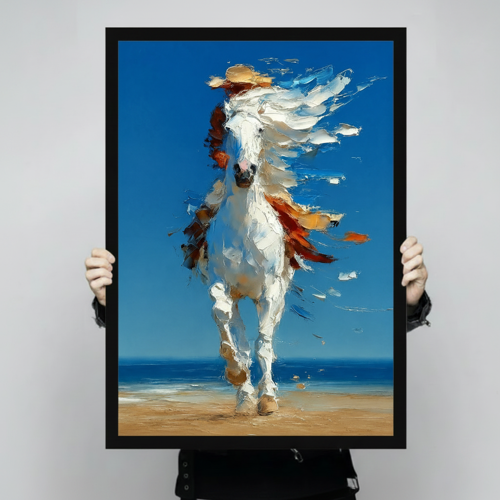 Close-up of a framed white horse beach painting with thick impasto brushstrokes and warm golden sand tones, held up to show print quality