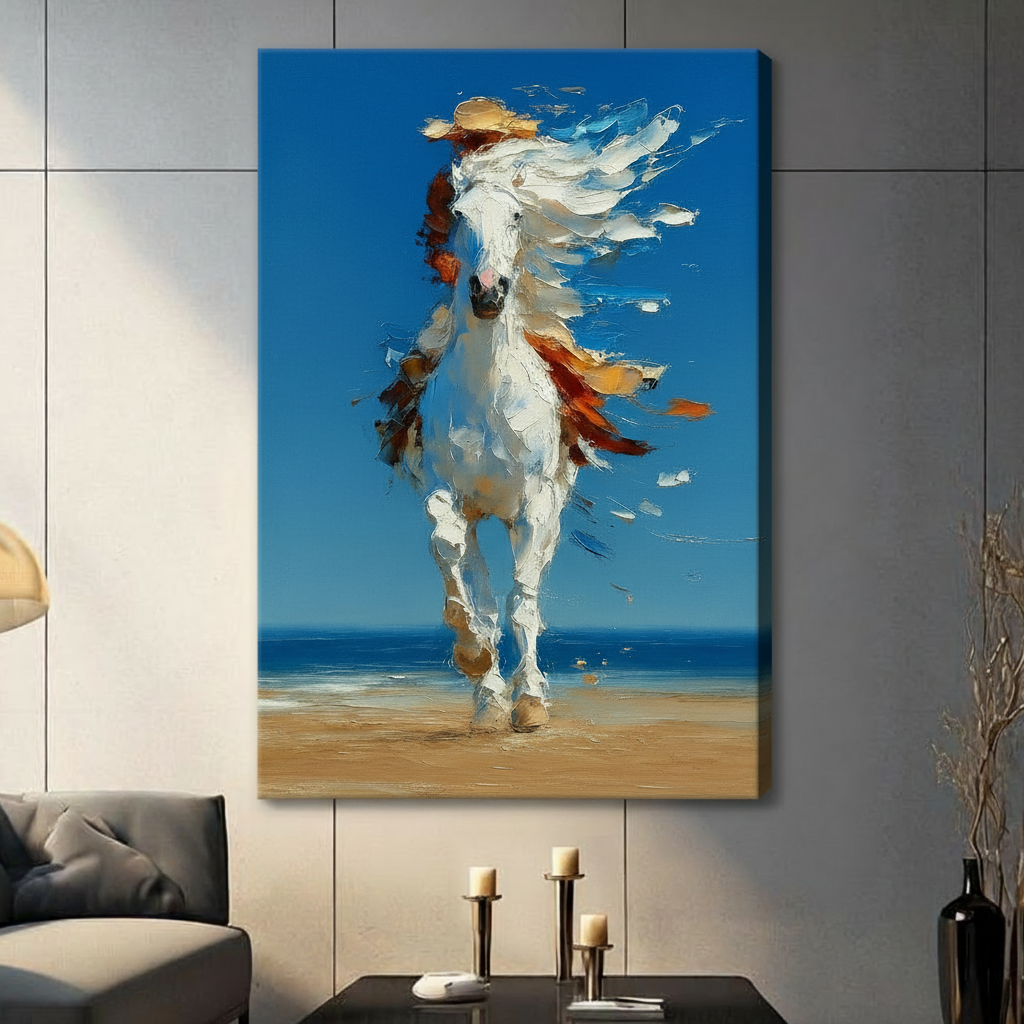 Stretched canvas wall art featuring an expressive white horse running on a beach with bold brushstroke texture, hung in a contemporary living room