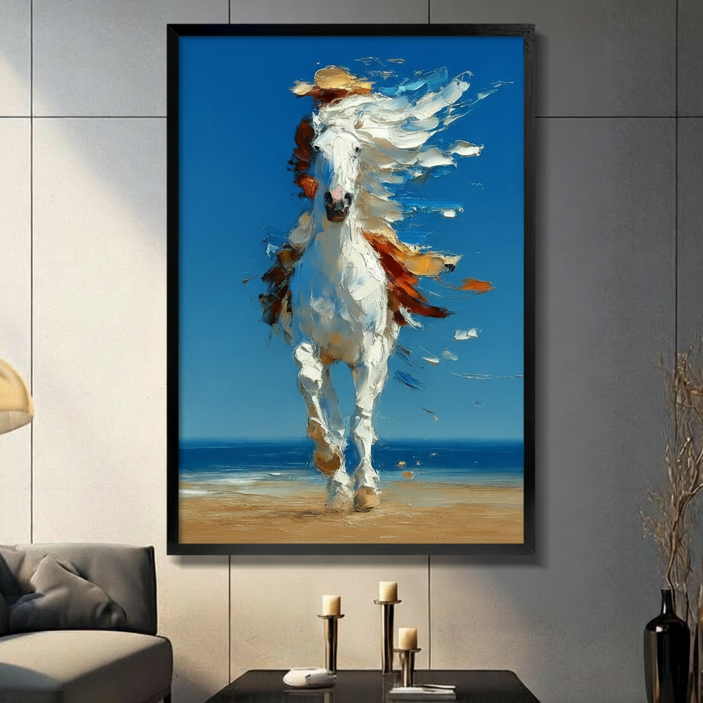 Abstract oil painting wall art of a white horse galloping on a sandy beach under a vivid blue sky, displayed in a black frame in a modern living room