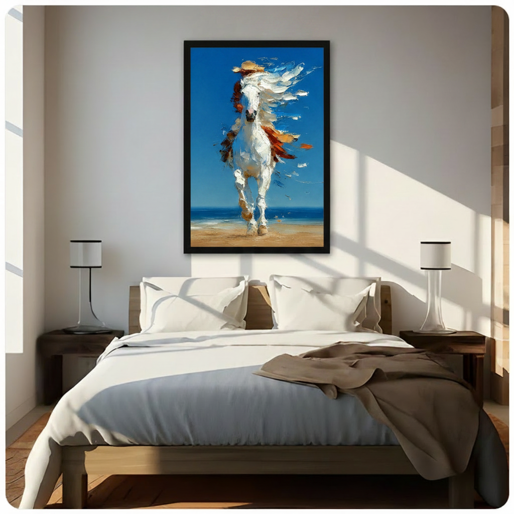 Abstract white horse galloping on a sunlit beach, framed wall art print hung above a bed in a bright minimalist bedroom with natural light