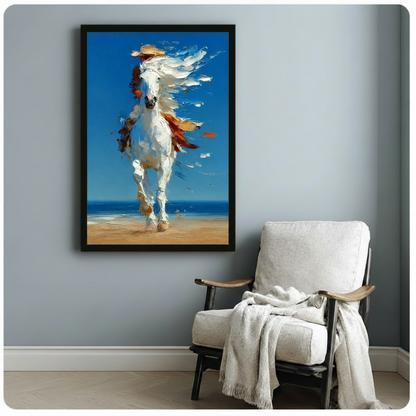 Framed abstract horse wall art print with vibrant blue ocean background and palette knife texture, styled beside a white armchair on a grey wall