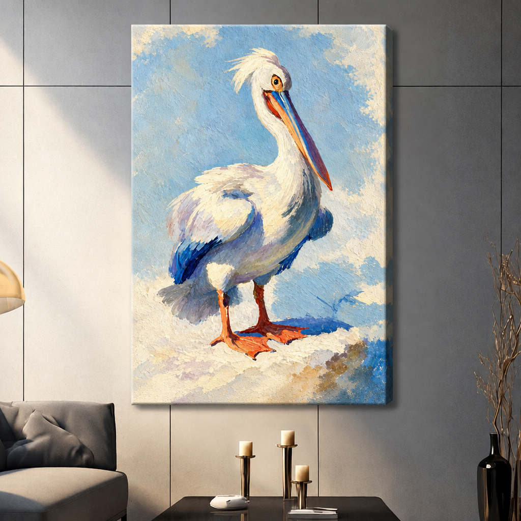 Oil painting of a white pelican with blue wing tips and orange webbed feet standing on a sandy shore against a soft blue sky coastal bird wall art stretched canvas dark panel wall living room