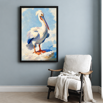  Oil painting of a white pelican with blue wing tips and orange webbed feet standing on a sandy shore against a soft blue sky coastal bird wall art framed print beside armchair blue-gray wall