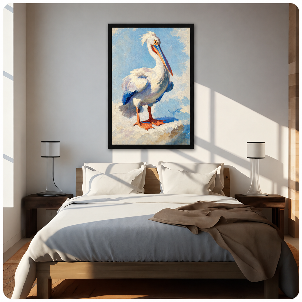 Oil painting of a white pelican with blue wing tips and orange webbed feet standing on a sandy shore against a soft blue sky coastal bird wall art framed print above bed sunlit bedroom