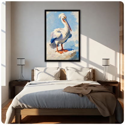 Oil painting of a white pelican with blue wing tips and orange webbed feet standing on a sandy shore against a soft blue sky coastal bird wall art framed print above bed sunlit bedroom