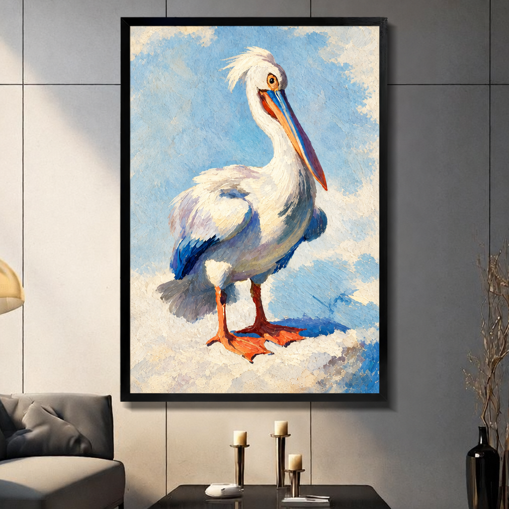 Oil painting of a white pelican with blue wing tips and orange webbed feet standing on a sandy shore against a soft blue sky coastal bird wall art framed print dark panel wall living room