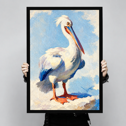 Oil painting of a white pelican with blue wing tips and orange webbed feet standing on a sandy shore against a soft blue sky coastal bird wall art framed print held up