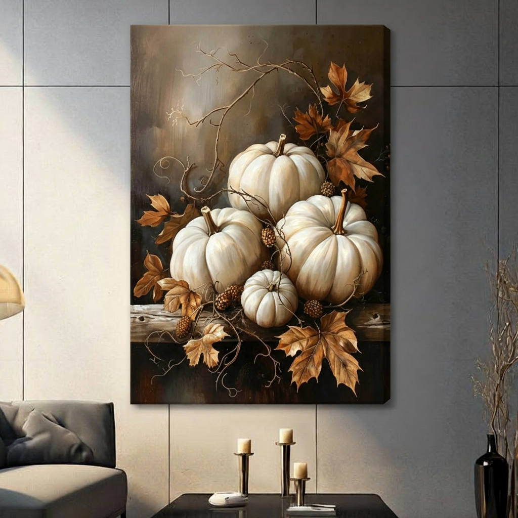 Moody classical oil painting still life of five white pumpkins of varying sizes clustered on a weathered wood surface with twisting vines blackberry accents dried maple leaves and a bare branch arching upward against a deep brown and smoky gray textured background elegant autumn wall art stretched canvas in a living room with light gray panel wall dark sofa and black vase