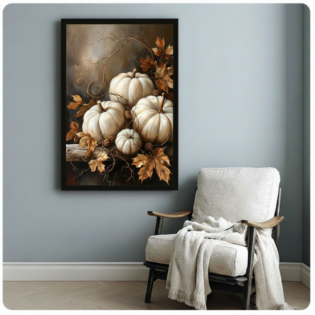 Moody classical oil painting still life of five white pumpkins stacked on a rustic wooden shelf with curling vines dried blackberries golden-brown maple leaves and an arching bare branch against a deep warm brown and smoky background rich autumn harvest wall art framed print beside a white linen armchair on a light gray wall