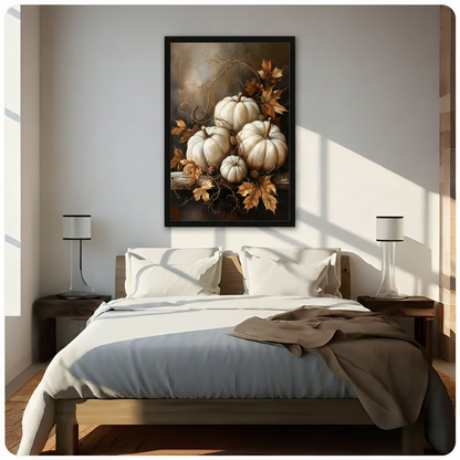 Moody classical oil painting still life of five ivory white pumpkins arranged on a weathered wood surface surrounded by dry maple leaves twisting vines and dark berry clusters with a bare branch extending upward against a deep brown and gray atmospheric background sophisticated autumn wall art framed print above a bedroom with white linen bedding and dark wood bedside tables