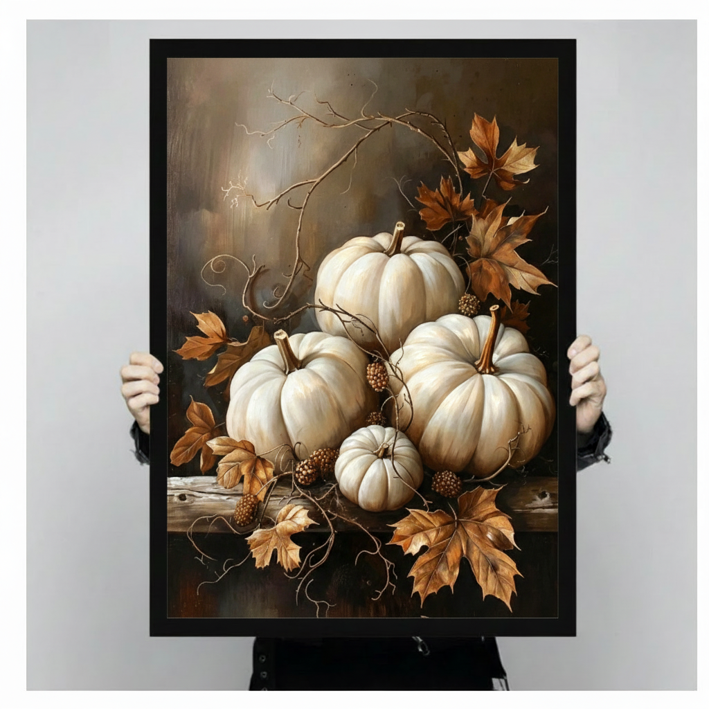 Moody classical oil painting still life of five ivory pumpkins clustered on a rustic wood surface with twisting dried vines blackberry fruit dried golden maple leaves and a bare upward branch against a deep warm brown and gray textured background timeless autumn wall art framed print held against a light gray background
