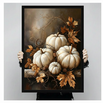Moody classical oil painting still life of five ivory pumpkins clustered on a rustic wood surface with twisting dried vines blackberry fruit dried golden maple leaves and a bare upward branch against a deep warm brown and gray textured background timeless autumn wall art framed print held against a light gray background
