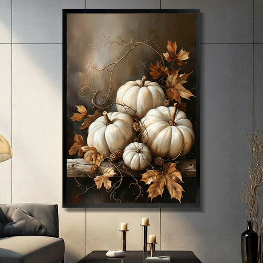 Moody classical oil painting still life of five white pumpkins in varying sizes grouped on an aged wood shelf with fine winding vines dried blackberries and scattered amber maple leaves against a rich dark brown and smoky gray painterly background dramatic autumn harvest wall art framed print in a living room with light gray panel wall dark sofa and black vase