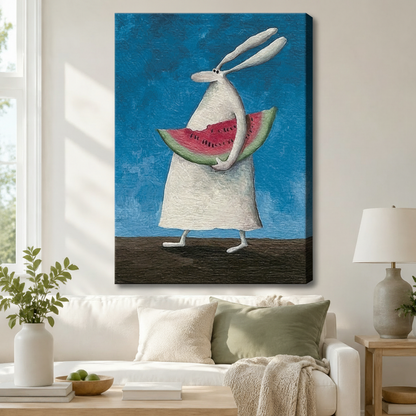 Gallery-wrapped canvas of a whimsical white rabbit with watermelon slice hung above a white sofa in a modern living room