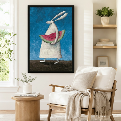 Black-framed rabbit watermelon wall art styled beside a wooden armchair in a serene Scandinavian-inspired sitting room


