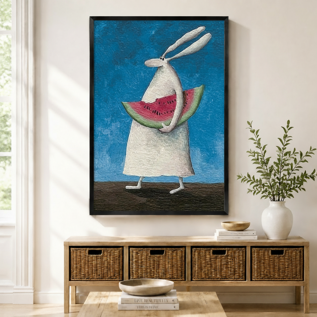 Framed white rabbit holding watermelon oil painting print displayed above a rattan console in a bright coastal entryway