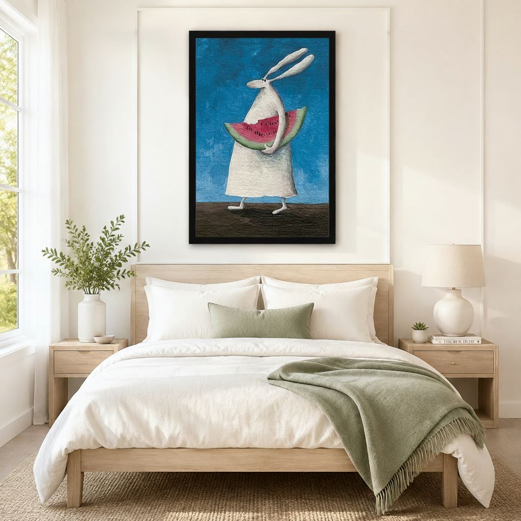 Large framed white rabbit watermelon painting centered above a neutral linen bed in a calm Scandinavian bedroom