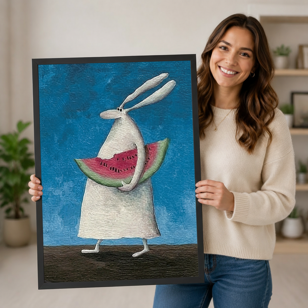 Woman holding a black-framed whimsical rabbit and watermelon art print showing scale and vibrant blue oil painting texture