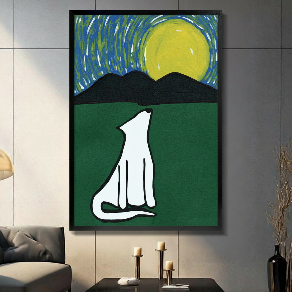  Minimalist white wolf silhouette on green landscape under glowing yellow moon, framed art poster in contemporary living room