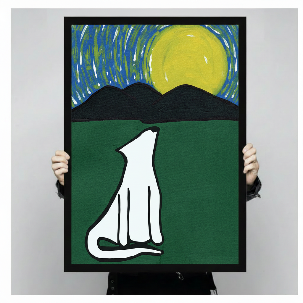 Person holding large framed white wolf howling at moon art print showing actual print size, green and blue swirling night sky design
