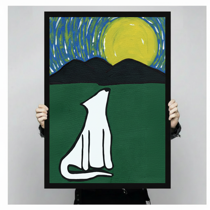 Person holding large framed white wolf howling at moon art print showing actual print size, green and blue swirling night sky design