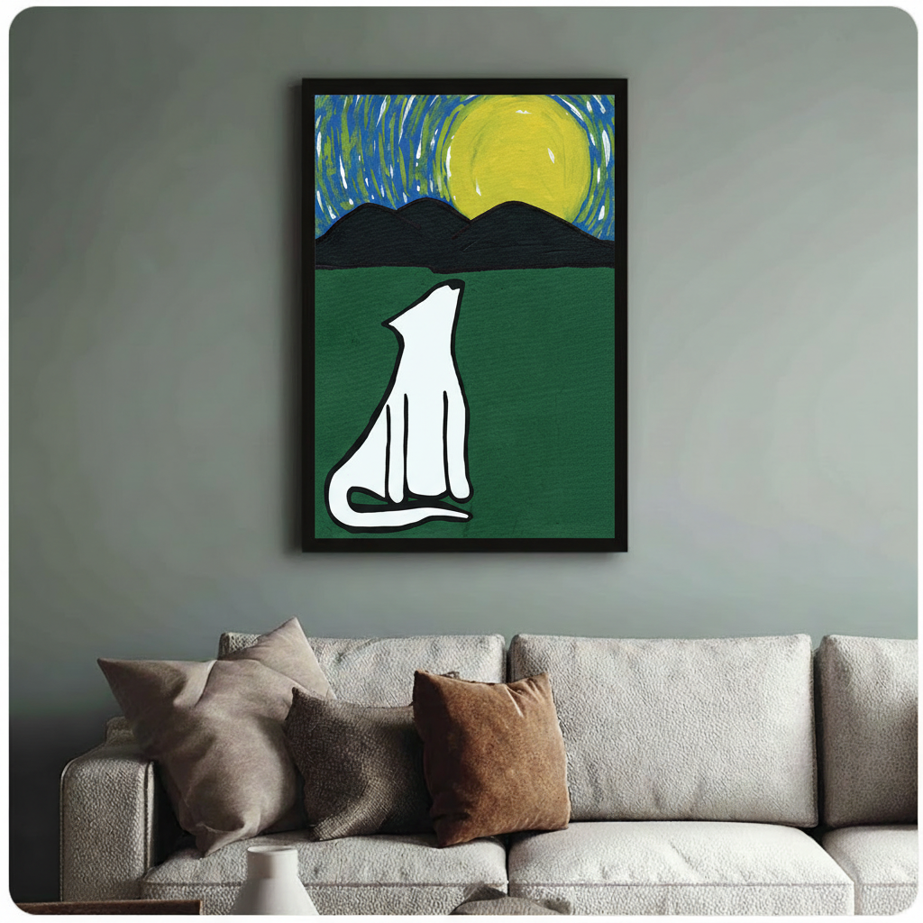 Framed white wolf and yellow moon wall art print hanging above neutral sofa in sage green living room interior