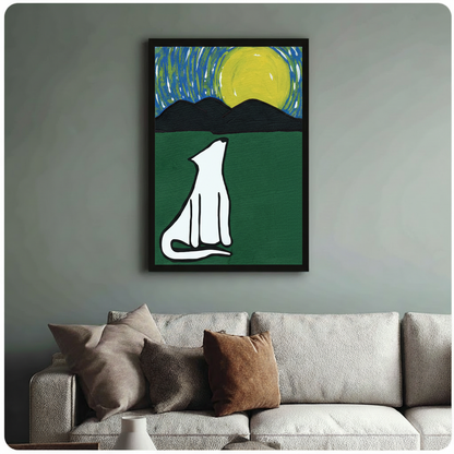 Framed white wolf and yellow moon wall art print hanging above neutral sofa in sage green living room interior