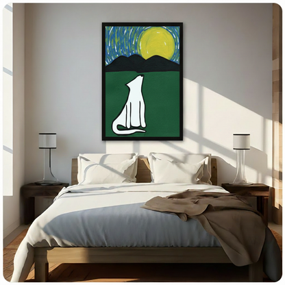 White wolf howling at yellow moon with swirling night sky art print displayed in modern bedroom, framed wall art