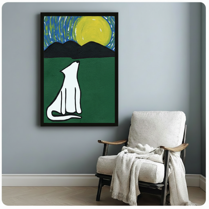  Bold white wolf silhouette art poster with yellow moon and mountain landscape, black frame on light gray wall beside armchair