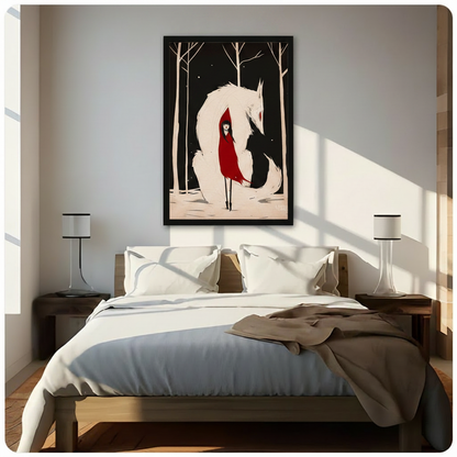 Framed dark fantasy canvas of a red-hooded girl and a giant white wolf in a snowy forest, displayed above a wooden bed in a sunlit minimalist bedroom