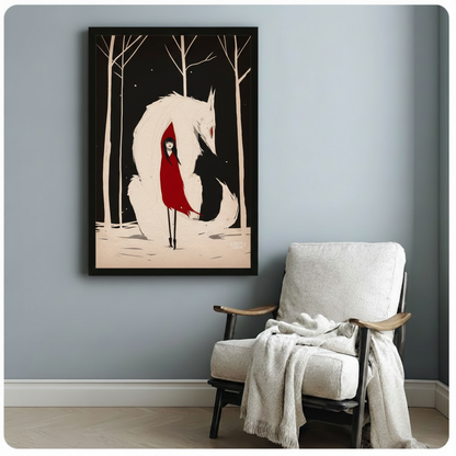 Vertical framed canvas of a red-cloaked girl standing within the curled body of a white wolf in a winter night scene, hung beside a linen armchair