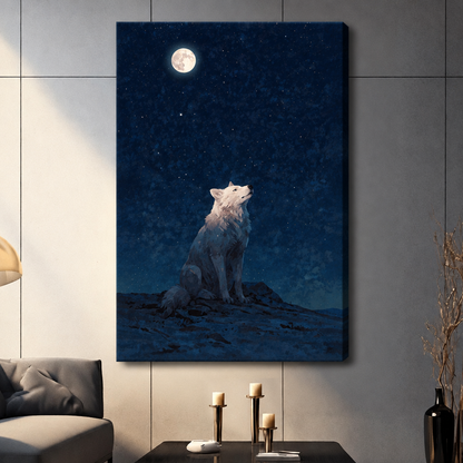 White wolf sitting on a rocky ridge howling at a glowing full moon under a deep blue starry night sky wall art stretched canvas light gray panel wall living room