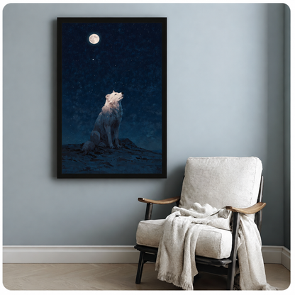 White wolf sitting on a rocky ridge howling at a glowing full moon under a deep blue starry night sky wall art framed print beside armchair blue-gray wall