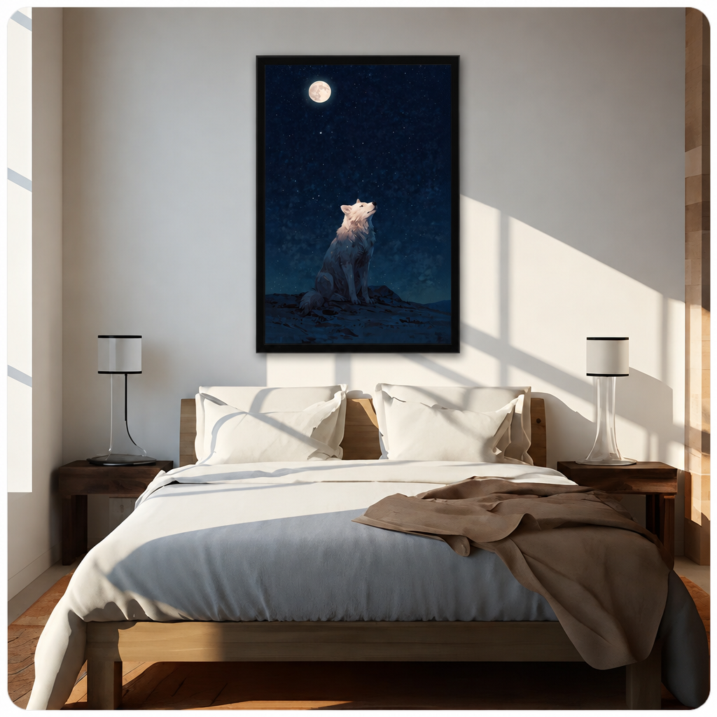 White wolf sitting on a rocky ridge howling at a glowing full moon under a deep blue starry night sky wall art framed print above bed sunlit bedroom