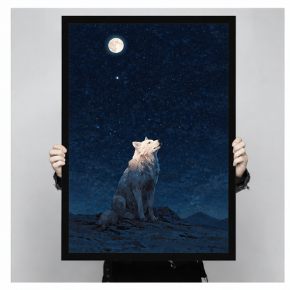 White wolf sitting on a rocky ridge howling at a glowing full moon under a deep blue starry night sky wall art framed print held up