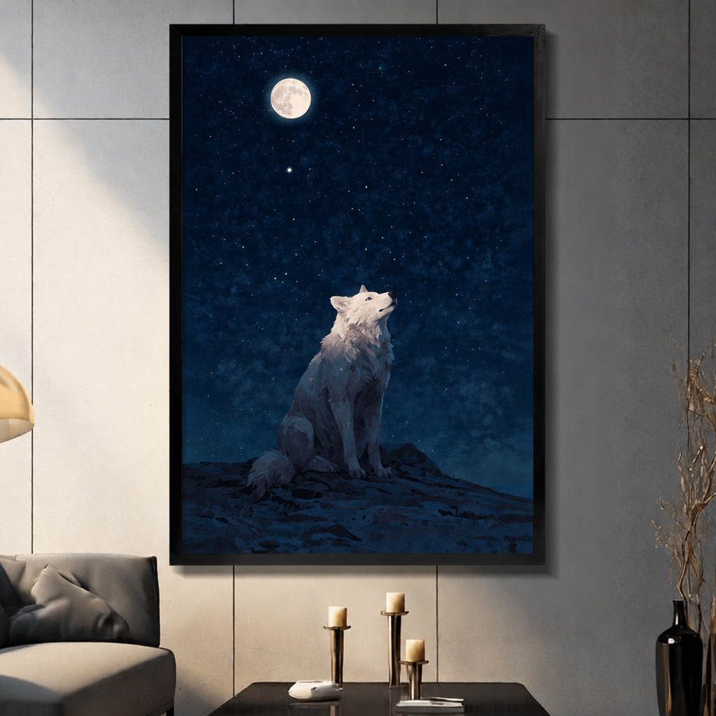 White wolf sitting on a rocky ridge howling at a glowing full moon under a deep blue starry night sky wall art framed print light gray panel wall living room