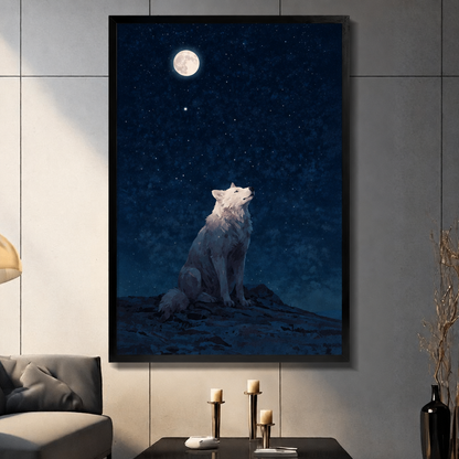 White wolf sitting on a rocky ridge howling at a glowing full moon under a deep blue starry night sky wall art framed print light gray panel wall living room