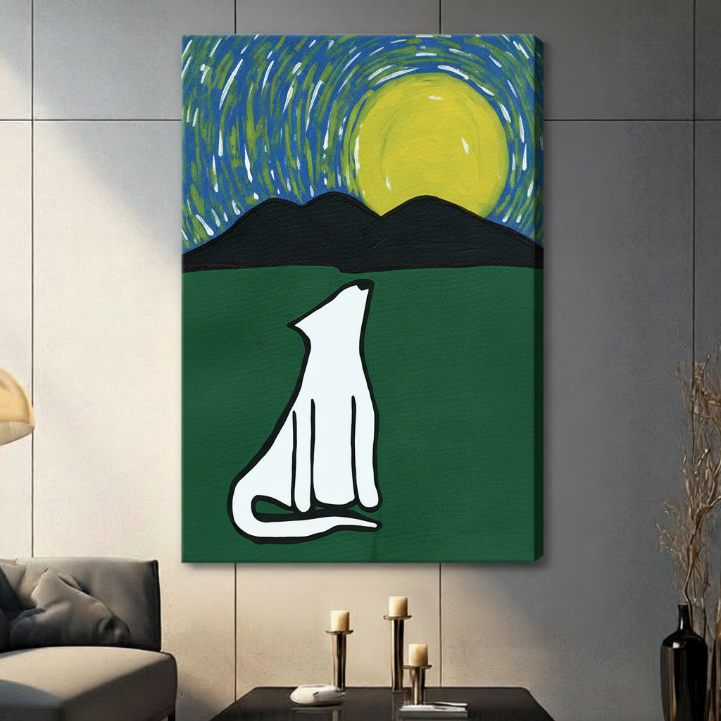 Canvas wall art featuring white wolf gazing at full moon over dark mountains with swirling blue-green sky, unframed canvas print